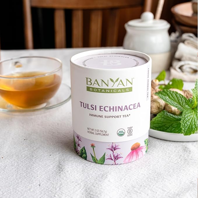 Banyan Botanicals Tulsi Echinacea Tea – Organic Immune Support with Turmeric & Rosehip – Caffeine Free Tea for Healthy Immune Function* – 2 oz