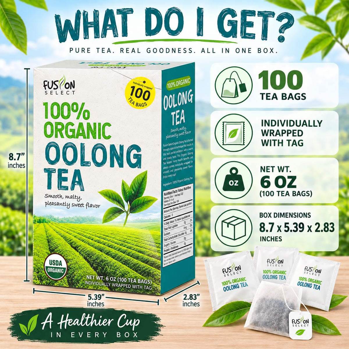 Fusion Select Organic Oolong Tea Bags, 100 Count Individually Wrapped