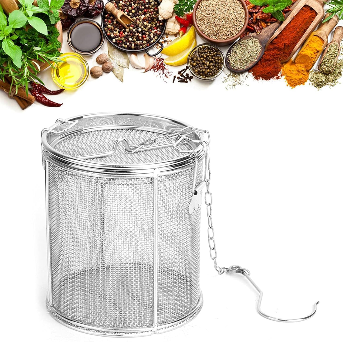 Stainless Steel Tea Ball Strainer and Filter with Hook, 12 x 13cm | Infusion Basket, Tea Strainer, Fine Mesh, Chain Hook, Loose Leaf Tea Steeper, Soup Seasonings