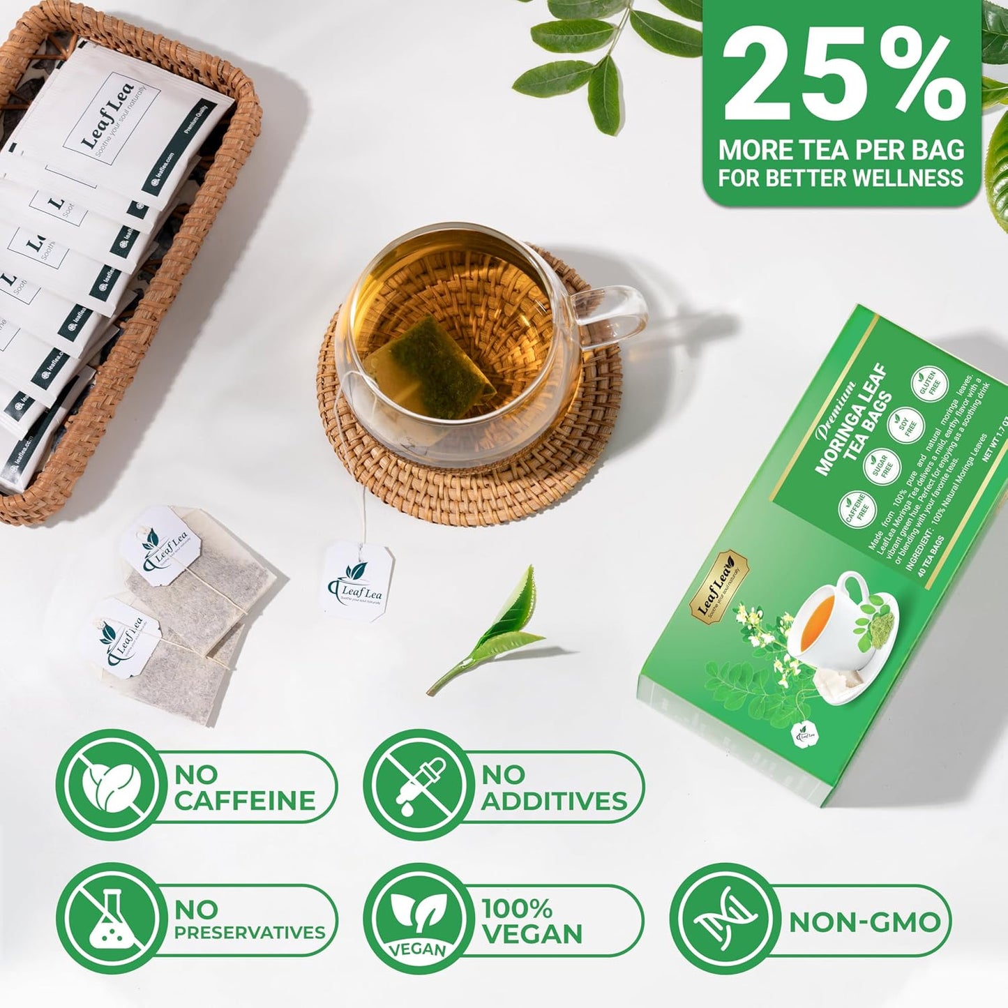 LeafLea Moringa Tea Bags, 100% Pure Moringa Leaf Herbal Tea, 40 Count