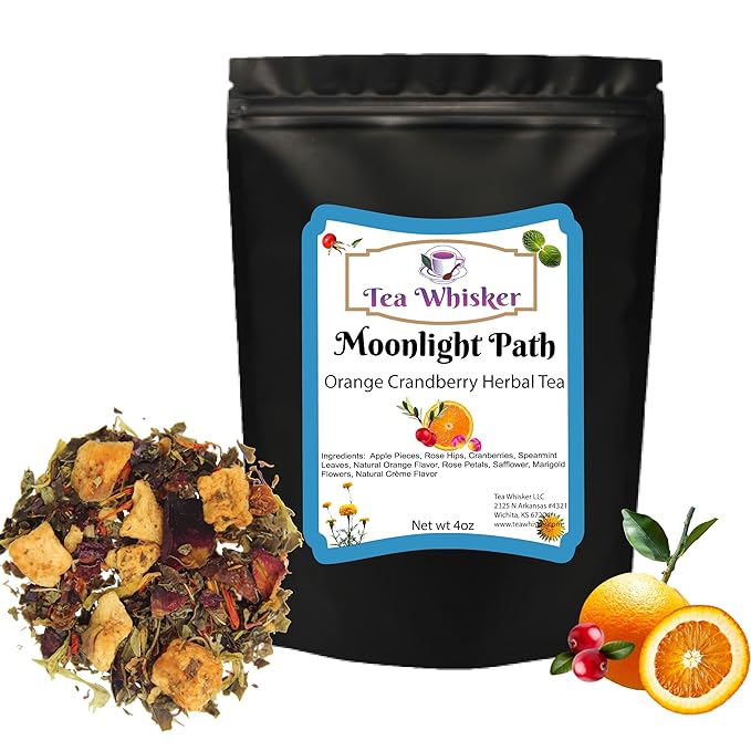 Tea Whisker - Moonlight Path | Orange Cranberry | Fruity Herbal | Loose Leaf Tea | 4 Ounce Pouch | Serve Iced or Hot | Non-Caffeinated