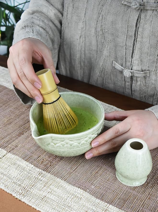 Artcome Matcha Tea Set with Pouring Spout - Green Ceramic Matcha Bowl, Bamboo Whisk, Whisk Holder