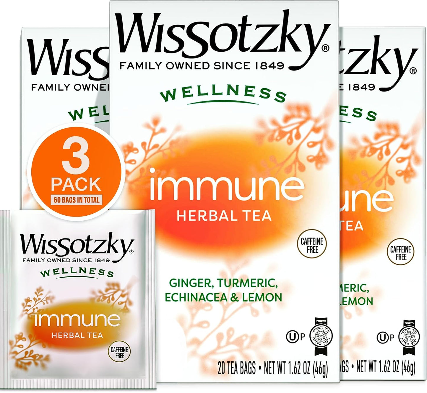 Wissotzky Wellness Immune Herbal Tea, (3 Pack - 60 Tea Bags), Caffeine Free, With Ginger, Turmeric, Echinacea & Lemon