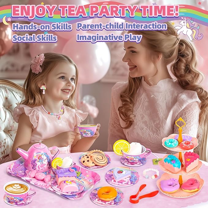 Unicorn Tea Party Set for Little Girls, Toddler Princess Toy Tea Set, Pretend Play Teapot Dessert Tea Cup Set Food Kitchen Playset