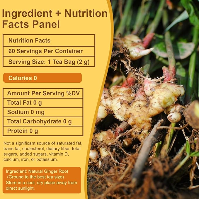 Ginger Tea Bags 60 Count - 100% Pure Extra Hot & Spicy Ginger Root | Strong Intense Flavor, Digestion Support, Caffeine Free Herbal Tea | Natural Loose Leaf
