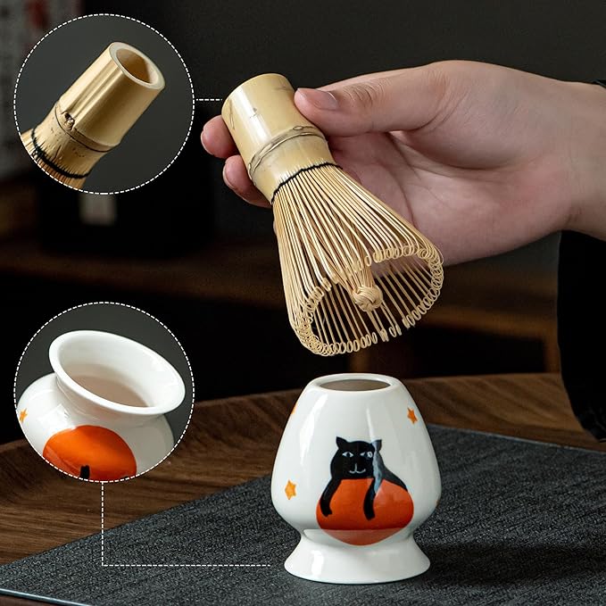 Matcha Set -Cute Cat Matcha Bowl Set with Whisk, Scoop, Whisk Holder & 2 Cups, 6 Pcs Authentic Matcha Tea Ceremony Kit, Great Gift for Tea Lovers
