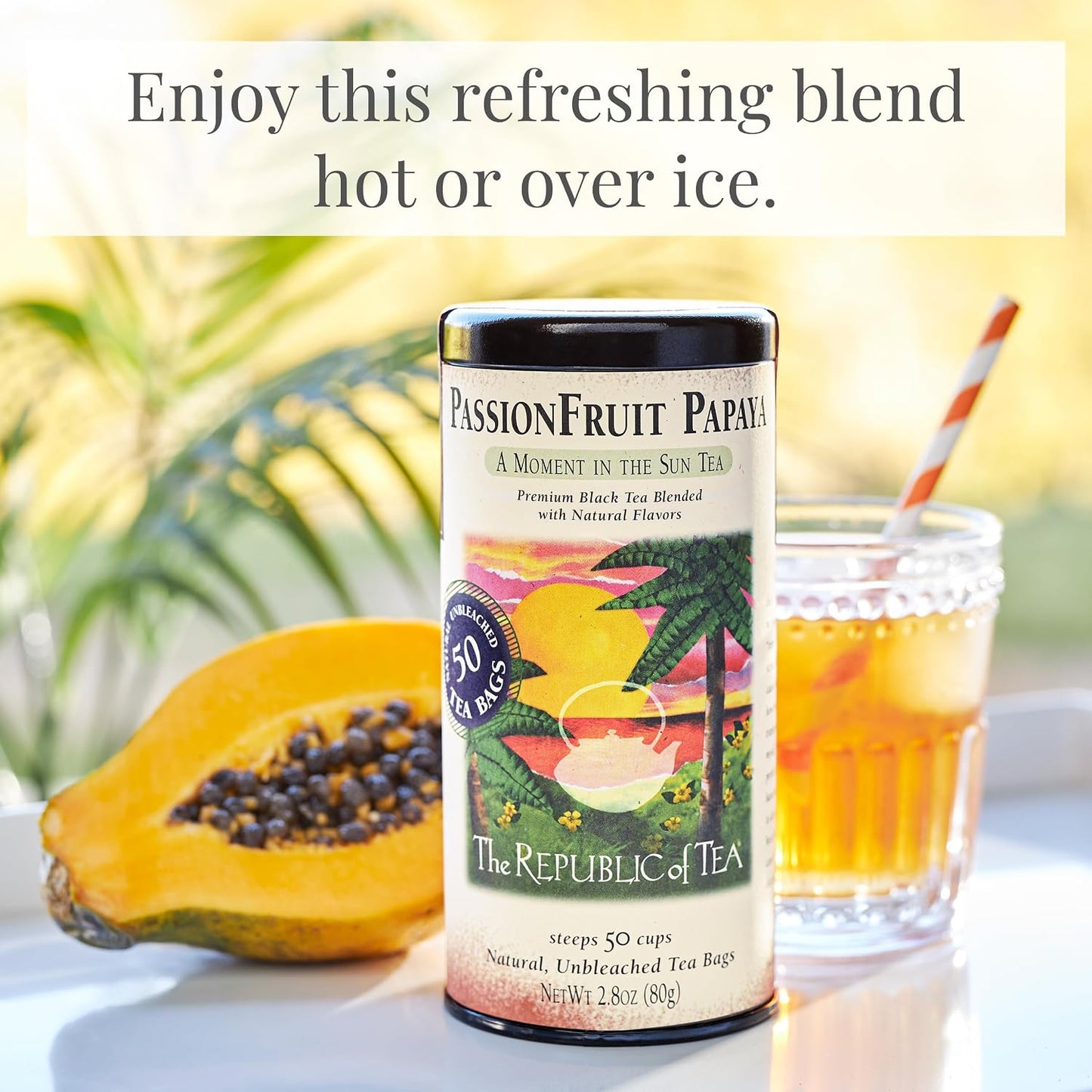 The Republic of Tea Passion Fruit Papaya Black Tea, 50 Count | Naturally Caffeinated. Made for morning or afternoon . Brisk and full-bodied with notes of juicy fruit and sweet-tart apple.