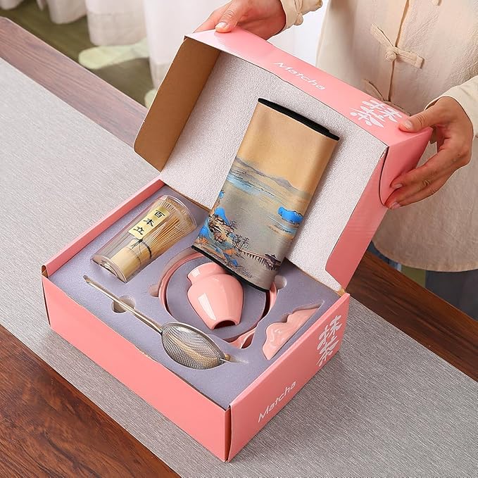 7-Piece Matcha Whisk Set, Pink Ceramic Matcha Bowl with Unique Diamond Design, Bamboo Whisk, Scoop, Sifter & Tea Towel - Complete Matcha Kit for Tea Lovers (Pink Gift Box)