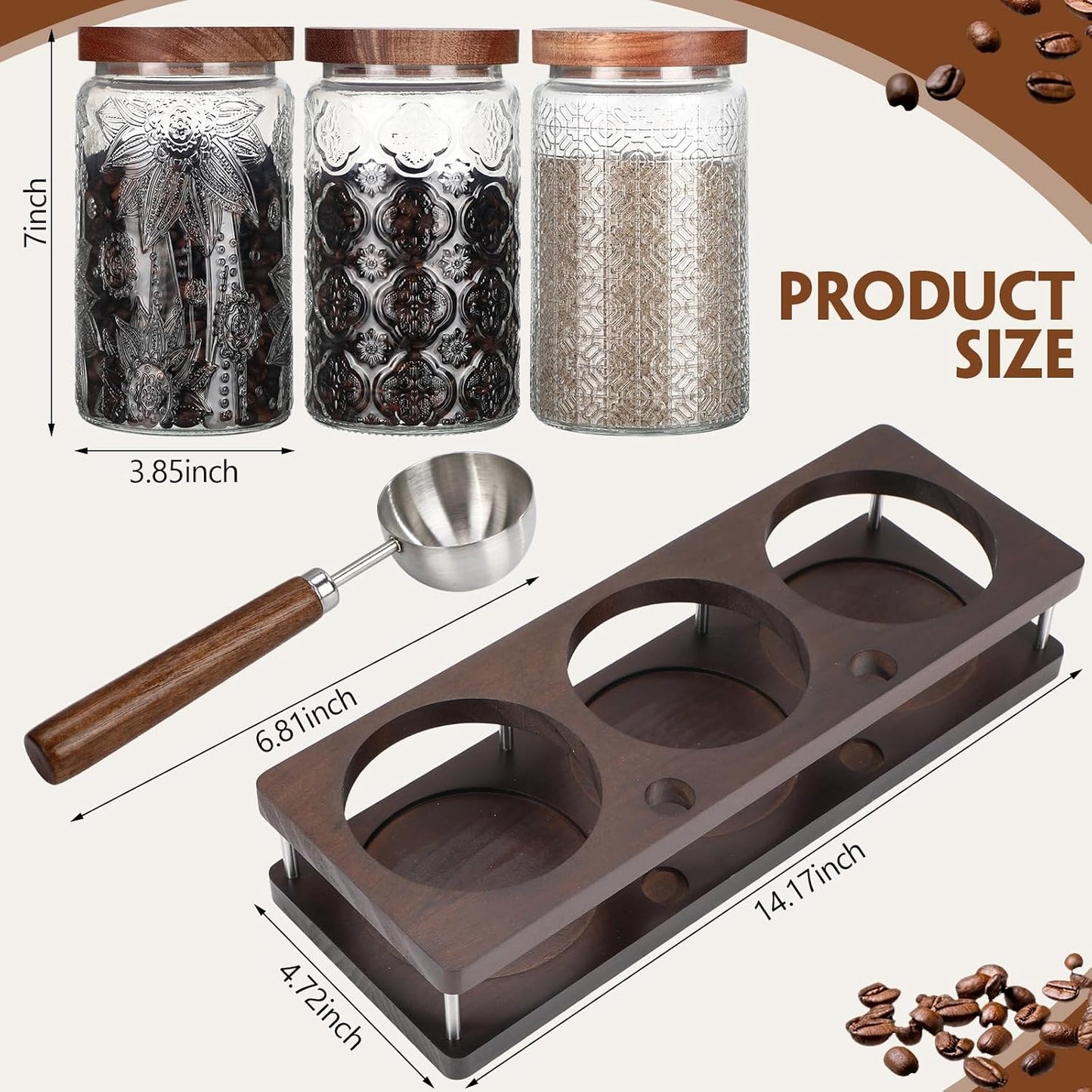 Suclain 3 Pcs Glass Coffee Bean Container 44 oz Airtight Coffee Canister with Shelf Measuring Spoon Kitchen Food Canister Jar for Sugar Candy(34 oz,Patterned Style,Wood, Glass, Stainless Steel)