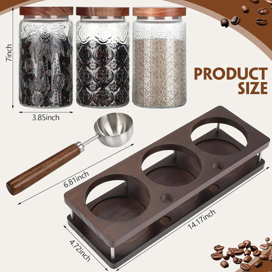 Suclain 3 Pcs Glass Coffee Bean Container 44 oz Airtight Coffee Canister with Shelf Measuring Spoon Kitchen Food Canister Jar for Sugar Candy(34 oz,Patterned Style,Wood, Glass, Stainless Steel)