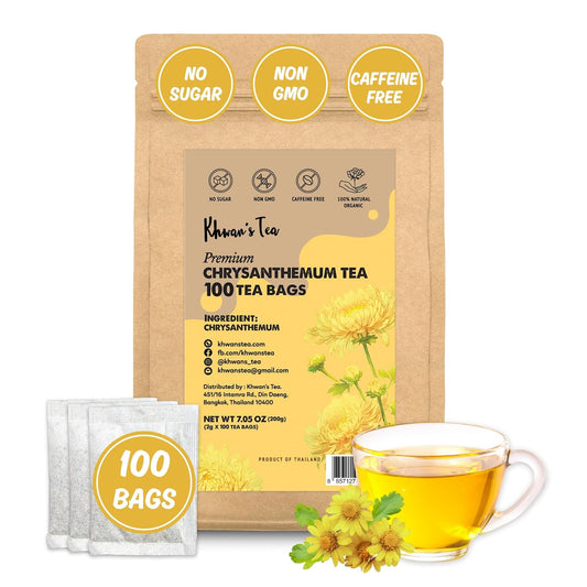 KHWAN'S TEA Organic Chrysanthemum Tea Bags, Caffeine-Free, 100 Count | Organic chrysanthemum tea bags, dried chrysanthemum flower tea, Thai sun-dried whole flowers, USDA Organic, caffeine-free
