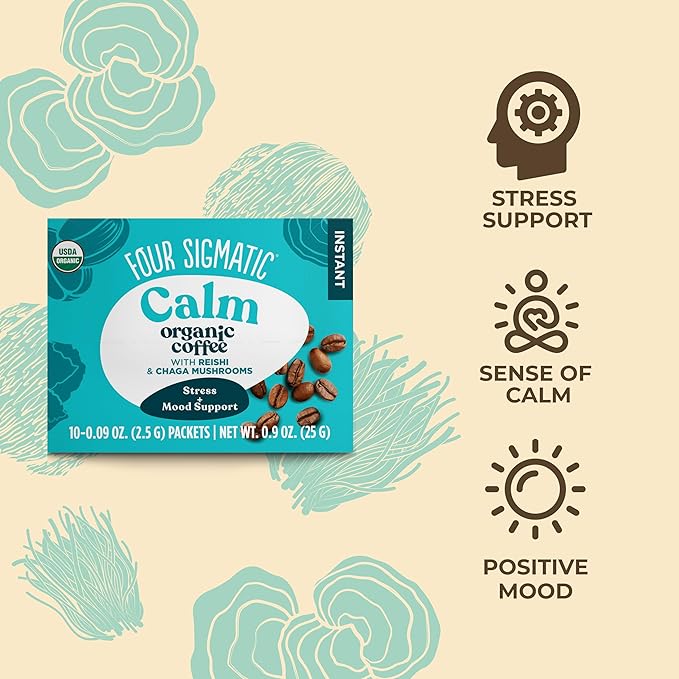 Four Sigmatic Calm Organic Instant Coffee, Medium Roast Arabica with Reishi & Chaga Mushrooms for Stress Relief & Mood Support, USDA Organic