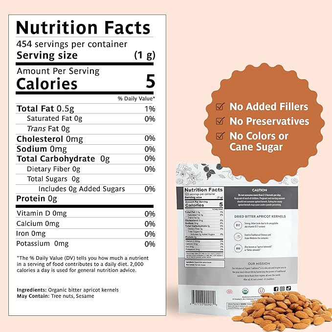 Organic Traditions Sundried Apricot Kernels – Sweet & Bitter Raw Seeds, 16oz