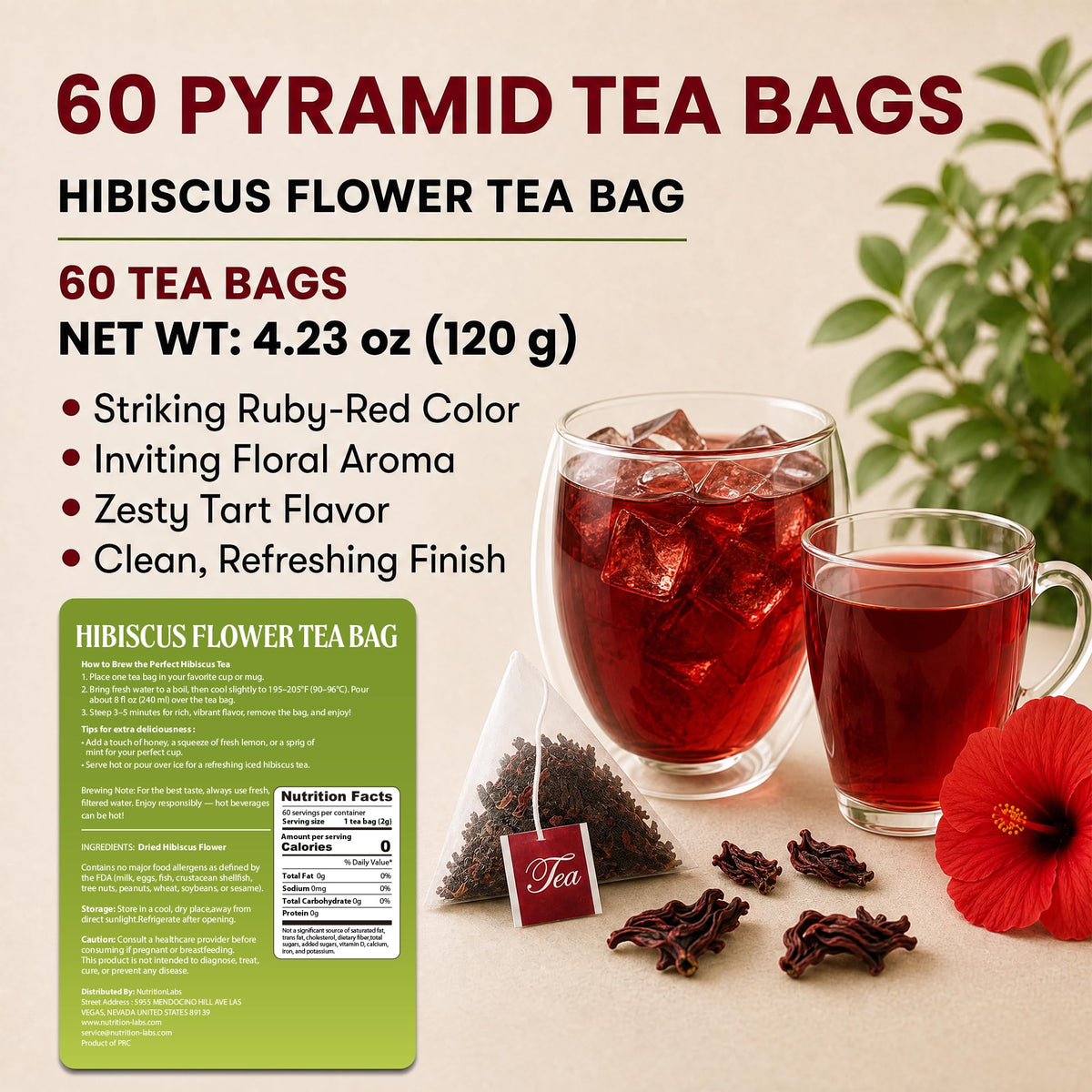 NUTRITIONLABS Hibiscus Tea Bags, 100% Dried Hibiscus Flower, Caffeine Free, 60 Count