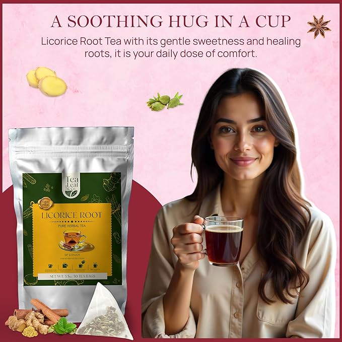 Tealeaf & Co. Licorice Root Tea Blended with Organic Spices - Pure Herbal Tea Bags with Cardamom, Ginger, Cinnamon Sticks & Licorice Root Extract