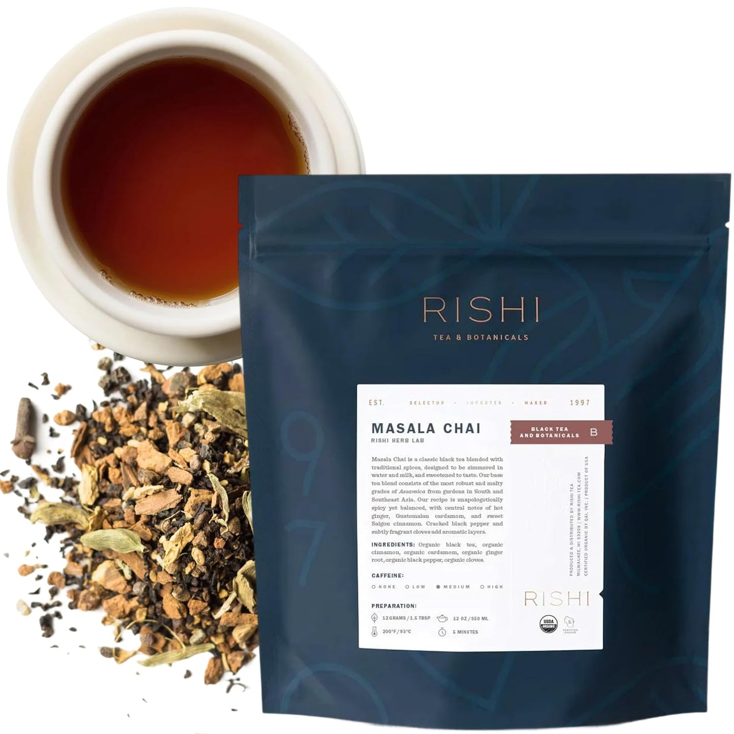 Rishi Tea Masala Chai Organic Black Loose Leaf Tea, Caffeinated, 1lb | Spiced Assam Black Tea with Whole Spices, Energizing and Warming, Sustainable, 37+ Servings