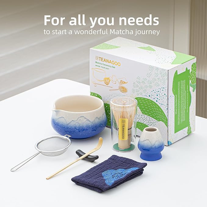 TEANAGOO 7 Pcs Matcha Whisk Set,Blue Matcha Set, Ceremony Matcha Powder Kit,Matcha Tea Set for Making Latte,Matcha Whisk Set and Bowl with Scoop&Sifter,Fuji Design Ceramic Bowl,Gift for Matcha Lovers