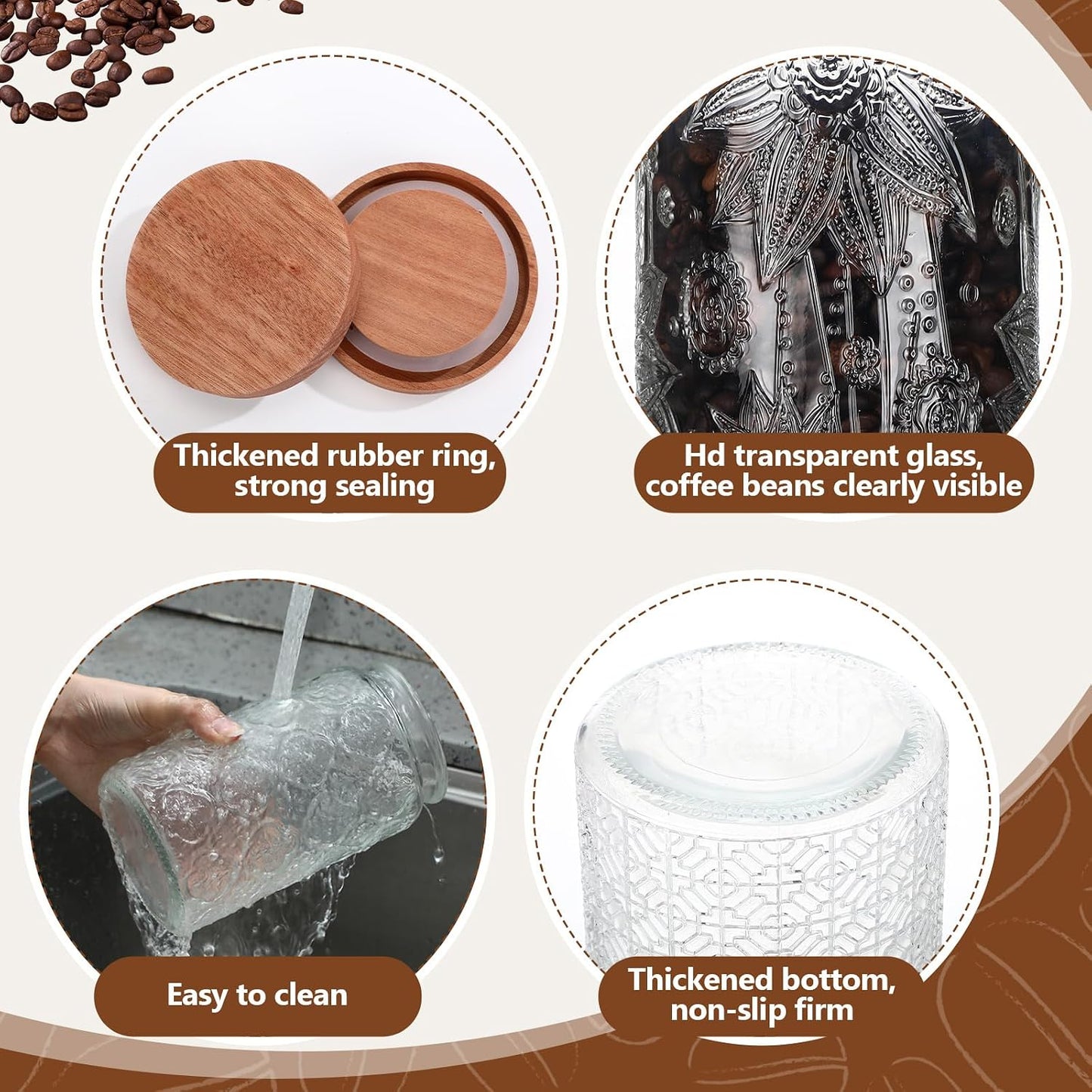 Suclain 3 Pcs Glass Coffee Bean Container 44 oz Airtight Coffee Canister with Shelf Measuring Spoon Kitchen Food Canister Jar for Sugar Candy(34 oz,Patterned Style,Wood, Glass, Stainless Steel)