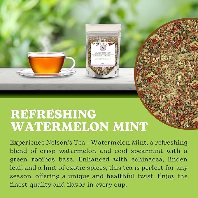 Nelson's Tea Watermelon Mint Tea Loose Leaf - Caffeine Free Green Rooibos Tea with Spearmint, Echinacea, Linden Leaf, Coriander