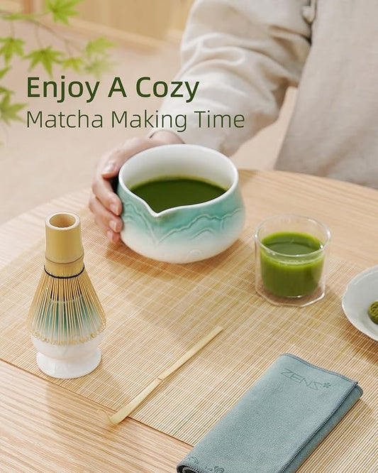 ZENS Matcha Whisk Set, 5pcs Matcha Kit Set Includes Ceramic Bowl, Bamboo Whisk and Chasen Holder, Scoop & Tea Mat for Matcha Ceremony, Blue