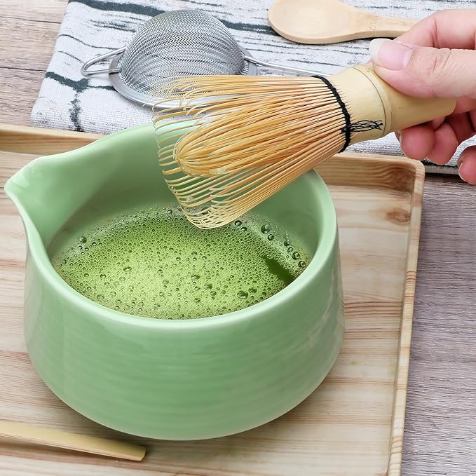 Matcha Whisk Set,7pcs Green Matcha Set includes Matcha Bowl (19 oz),Bamboo Matcha Whisk and Matcha Scoop,Matcha Whisk Holder,Stainless Steel Sifter
