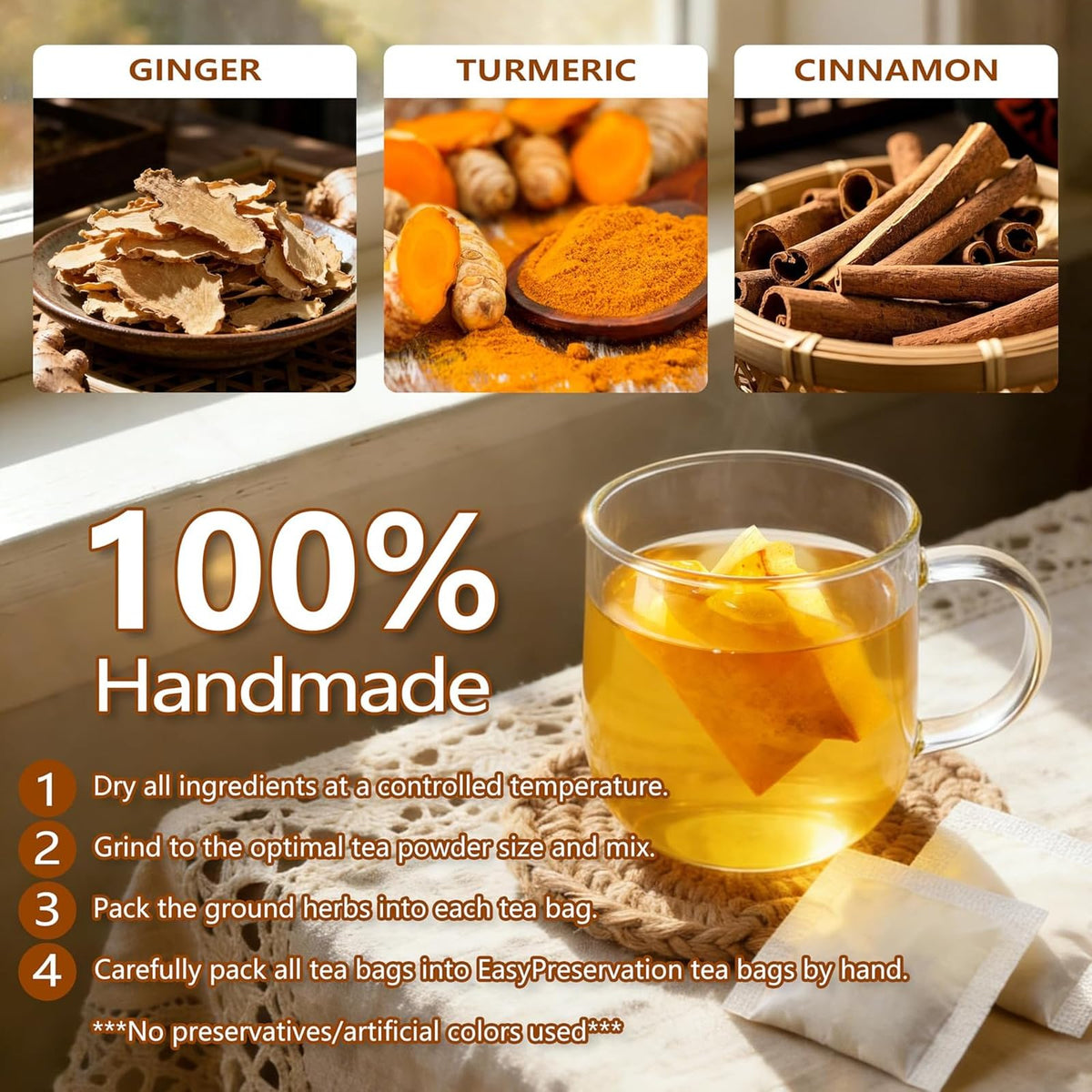 AISDWH, 60 Premium Turmeric Ginger Cinnamon Tea Bags, Caffeine-Free
