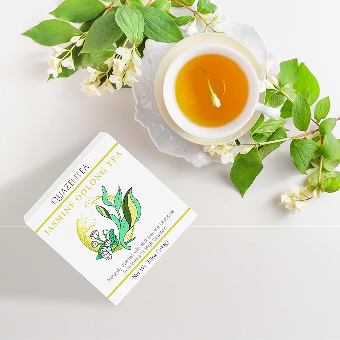 QuaZenTea Jasmine Premium Oolong Tea Loose Leaf 3.5oz (100g) - High Mountain Vietnamese Green Oolong - Pure Hand-Sorted for Smooth, Non-Bitter Taste & Rich Aroma