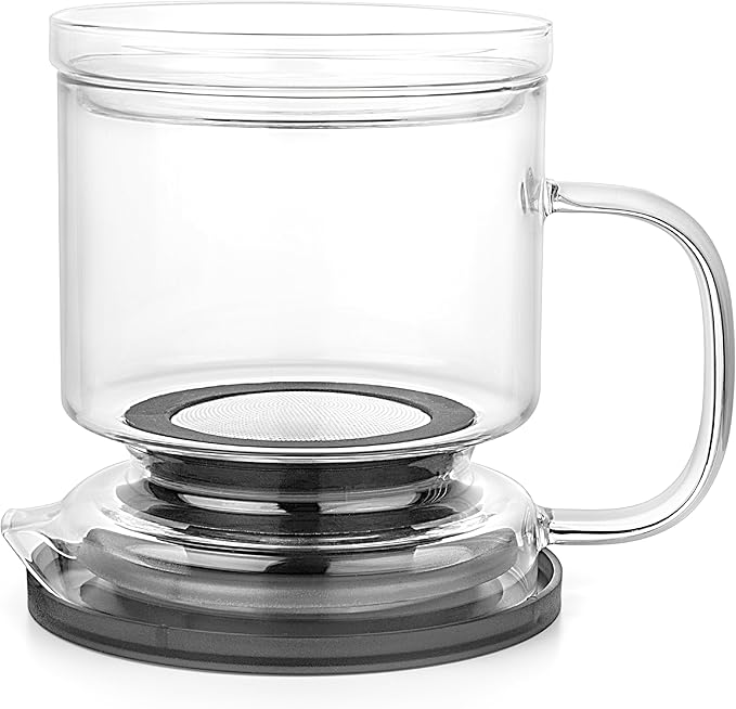 Glass Tea Infuser – Loose Leaf Brewer Cup with Lid – Premium Glass Steeper for Loose Leaf with Coaster, Easy Brew & Clean, BPA-Free