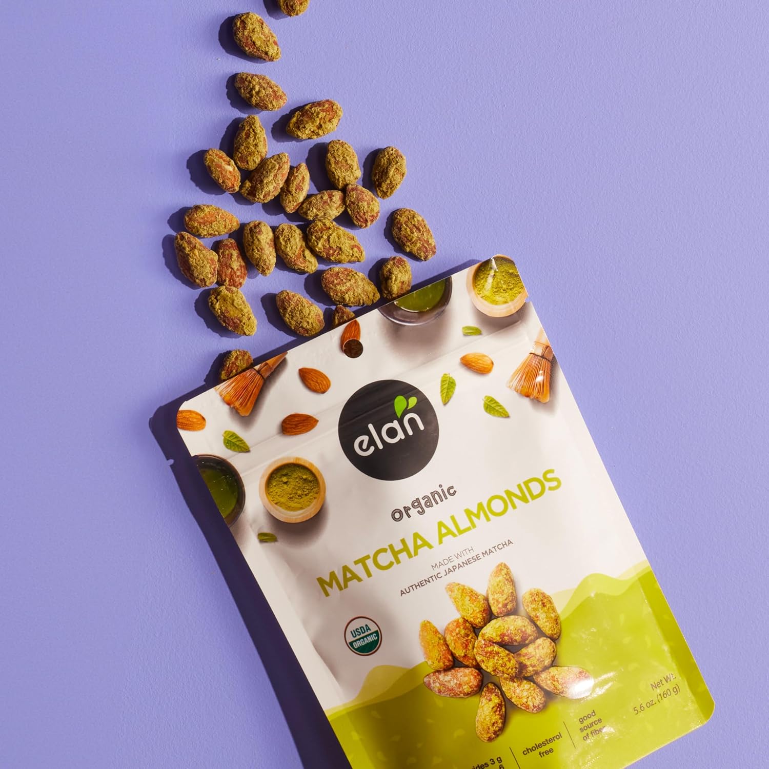 Elan Organic Matcha Almonds, 5.6 oz, Non-GMO, Gluten-Free, Vegan, Kosher, Superfood Infused Nuts (Roasted Almonds, Coconut, Matcha Green Tea Powder), Source of Antioxidants (Vitamin A)