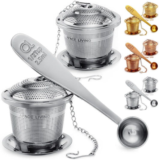 Tea Infuser (Set of 2) with Tea Scoop and Drip Dray - Ultra Fine Tea Strainer for Loose Leaf Tea