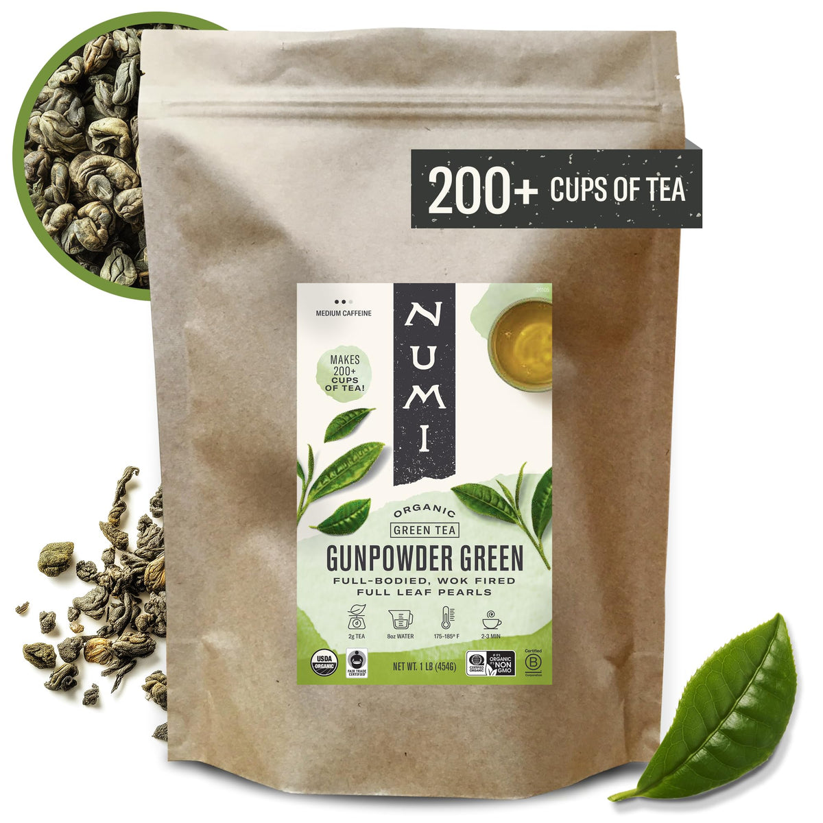 Numi Gunpowder Loose Leaf Green Tea - Organic Tea Leaves - 16 Ounces - Brews 200 Cups - Medium Caffeine Green Tea