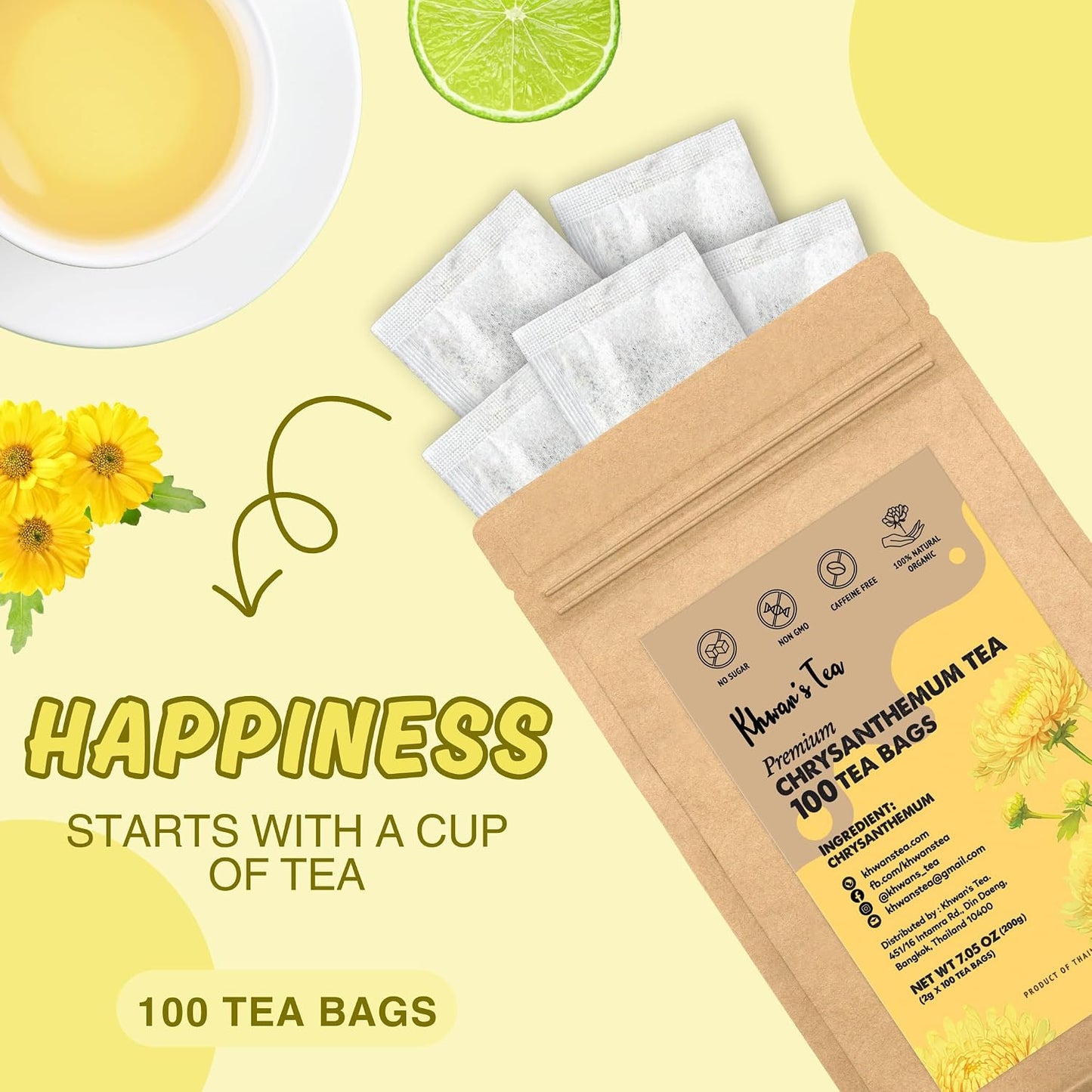 KHWAN'S TEA Organic Chrysanthemum Tea Bags, Caffeine-Free, 100 Count | Organic chrysanthemum tea bags, dried chrysanthemum flower tea, Thai sun-dried whole flowers, USDA Organic, caffeine-free