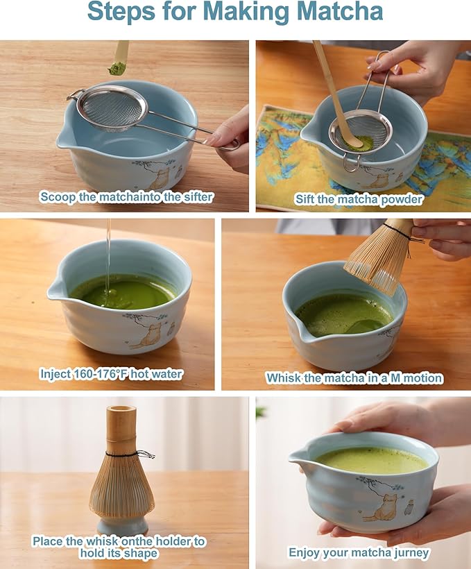 Matcha Whisk Set, Japanese Matcha Kit Set 7-Pcs with Matcha Bowl (Chawan), Matcha Whisk and Holder, Bamboo Scoop, Scoop Rest, Sifter and Tea Towel