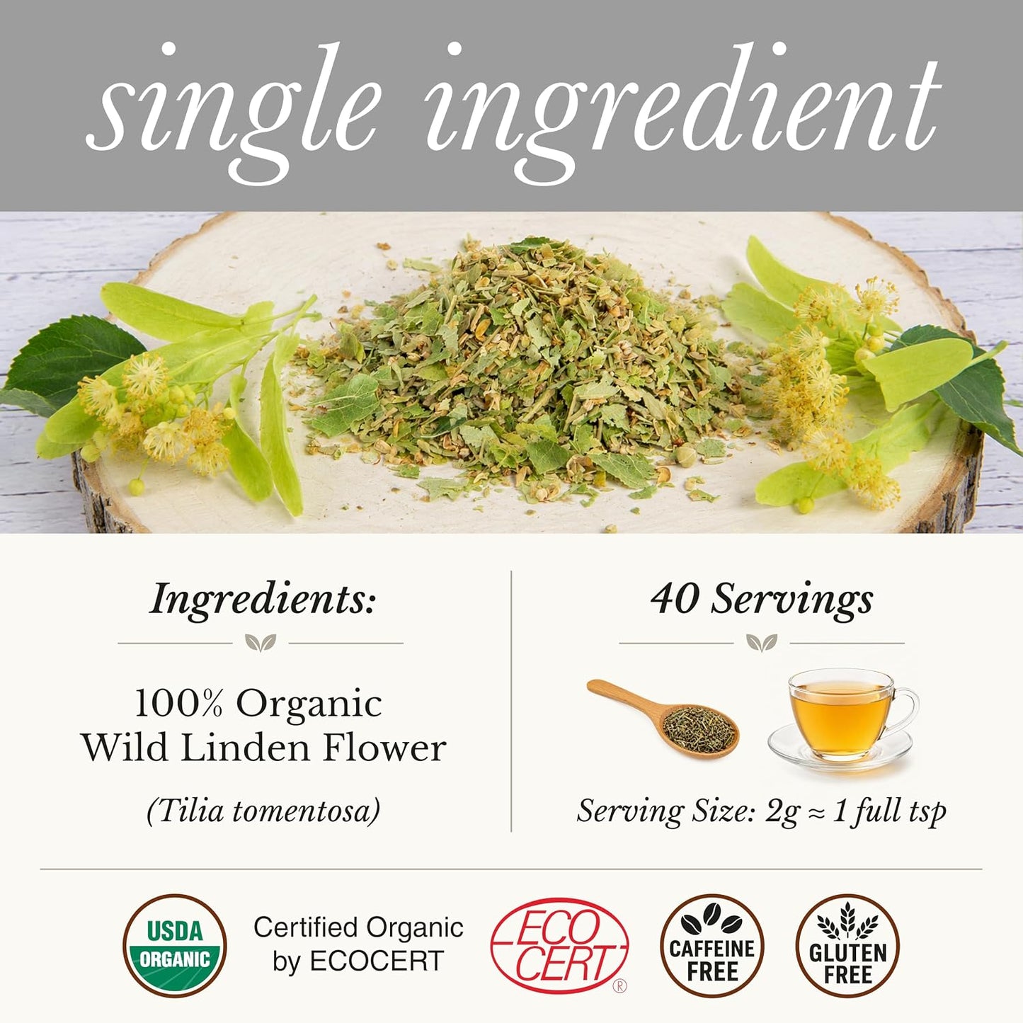 Wild Bliss Organic Linden Flower Tea - Caffeine Free Loose Leaf Calming Herbal Tea - 2.82 Ounces - 40 Servings
