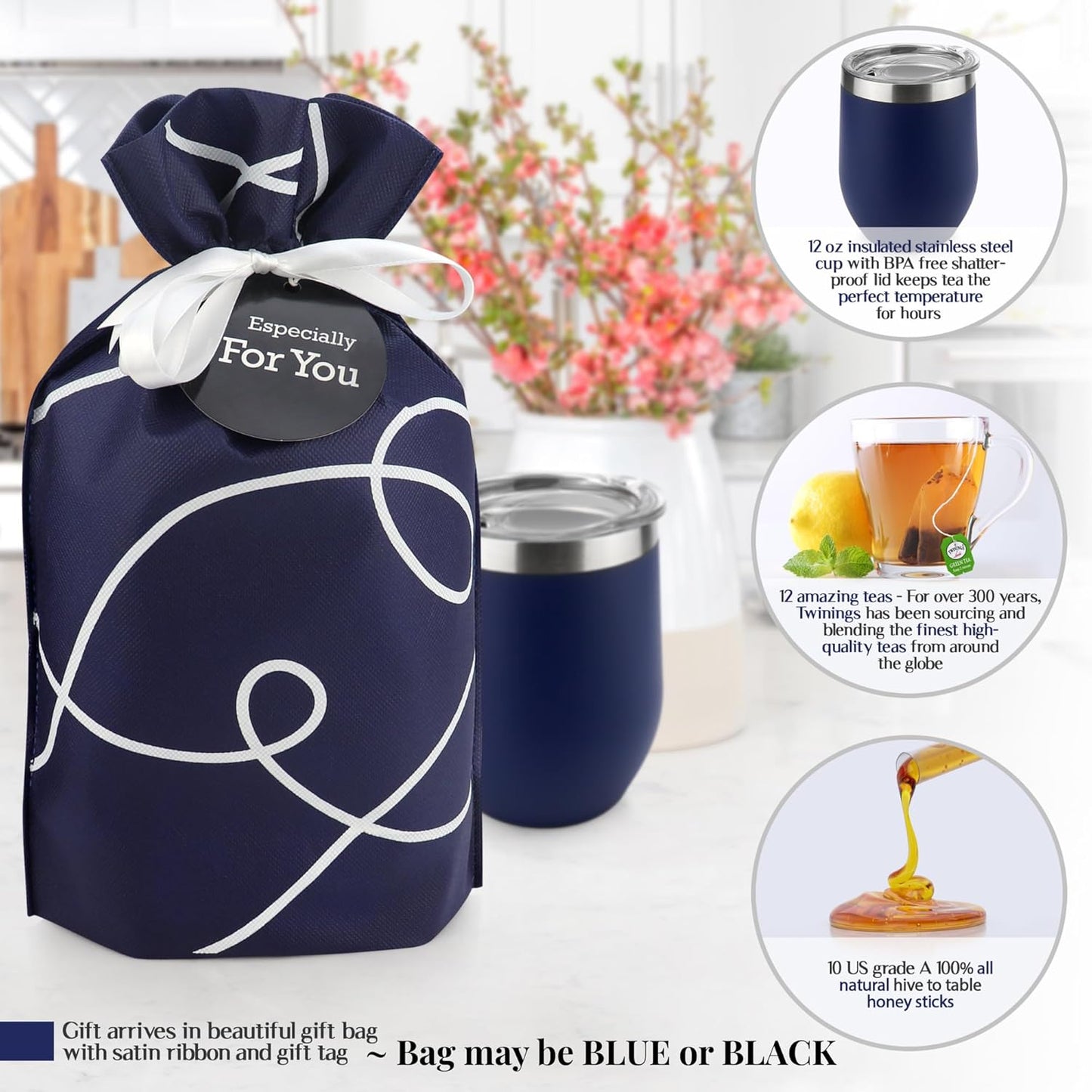 Tea Lovers Gifts Basket - Gift Set Include Temperature Retention Cup 12 Special Blend Teabags & Honey Presented in Beautiful Gift Bag For Women & Men - Birthday, Get Well, Thinking of You Care Package