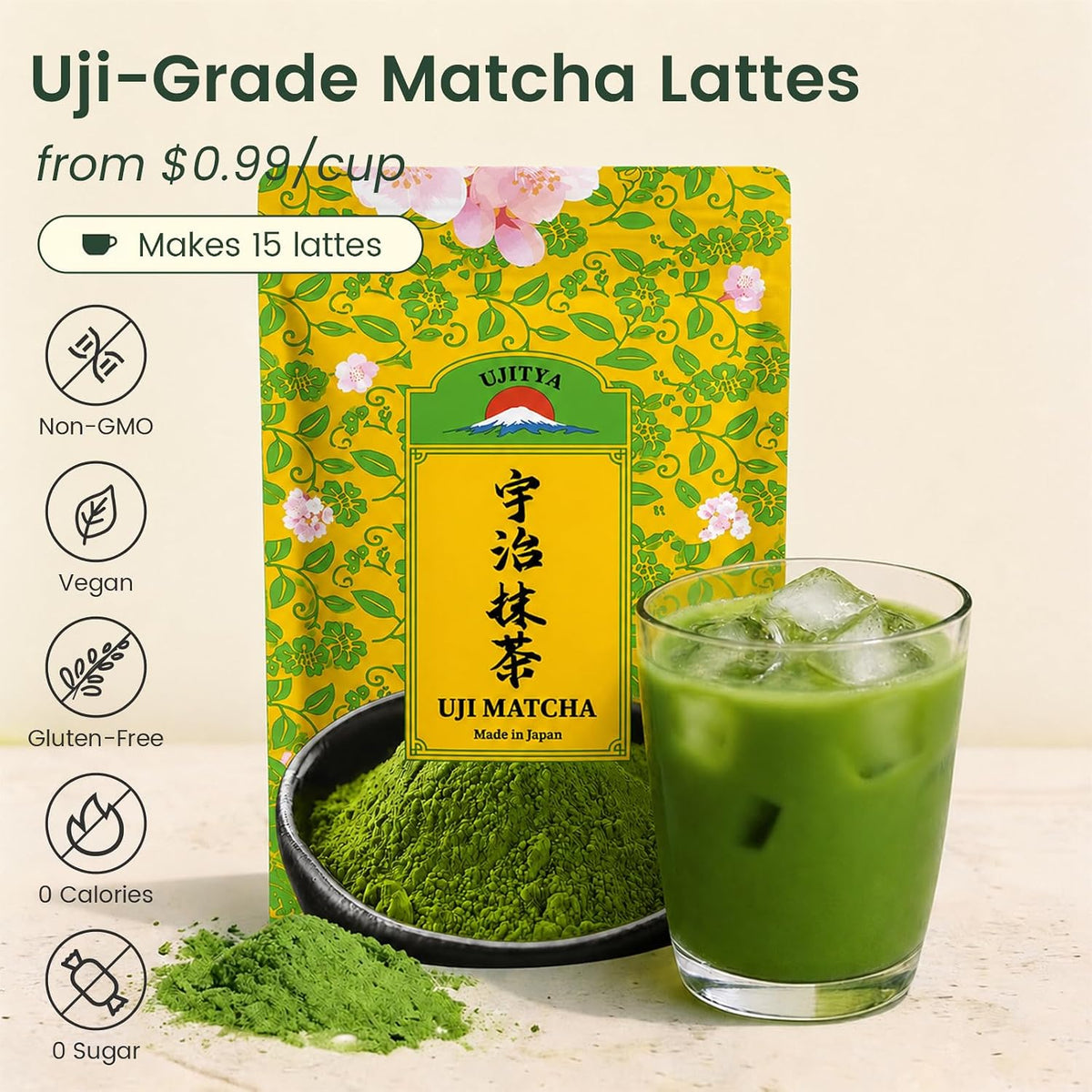 Ceremonial Grade Uji Matcha Powder - Stone-Ground from Kyoto Japan, Umami-Rich for Tea Ceremony Vibrant Green (1.06oz/30g) Zero Sugar Vegan 0 Calories