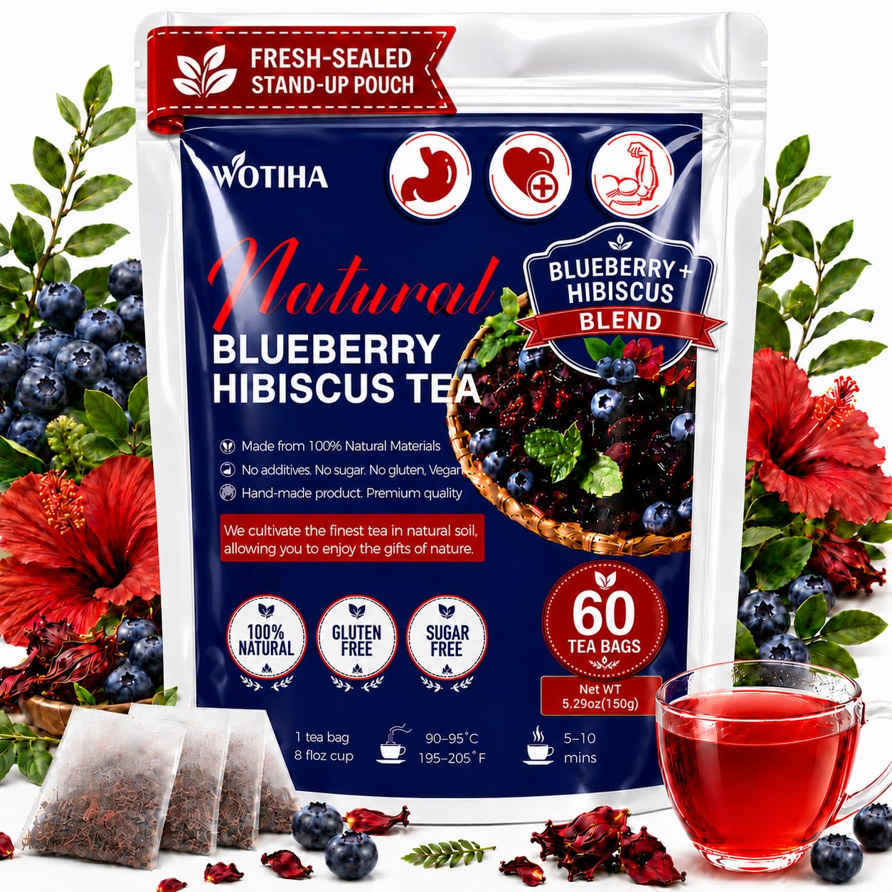 WOTIHA 60 Count Premium Blueberry Hibiscus Tea Bags - 100% Natural, Sweet &amp; Tangy Flavor, Rich in Antioxidants, Enjoy Hot or Iced, Caffeine-Free, Additive-Free, Sugar-Free, Vegan