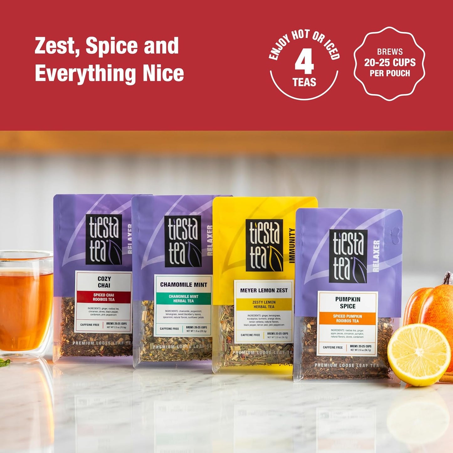 Tiesta Tea - 4 Autumnal Blends | Premium Loose Leaf Tea Blend | Non-Caffeinated Tea | Make Hot or Iced | Pouch of Pumpkin Spice, Cozy Chai, Chamomile Mint, Meyer Lemon Zest - Pack of 4