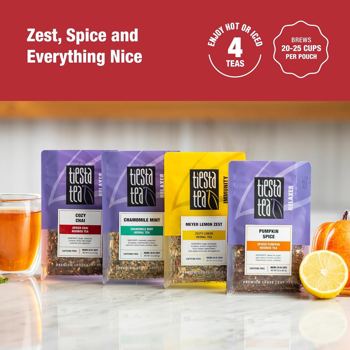 Tiesta Tea - 4 Autumnal Tea Blends, Loose Leaf, Premium Blend | Non-Caffeinated, Make Hot or Iced, Pouch of Pumpkin Spice, Cozy Chai, Chamomile Mint, Meyer Lemon Zest, Pack of 4