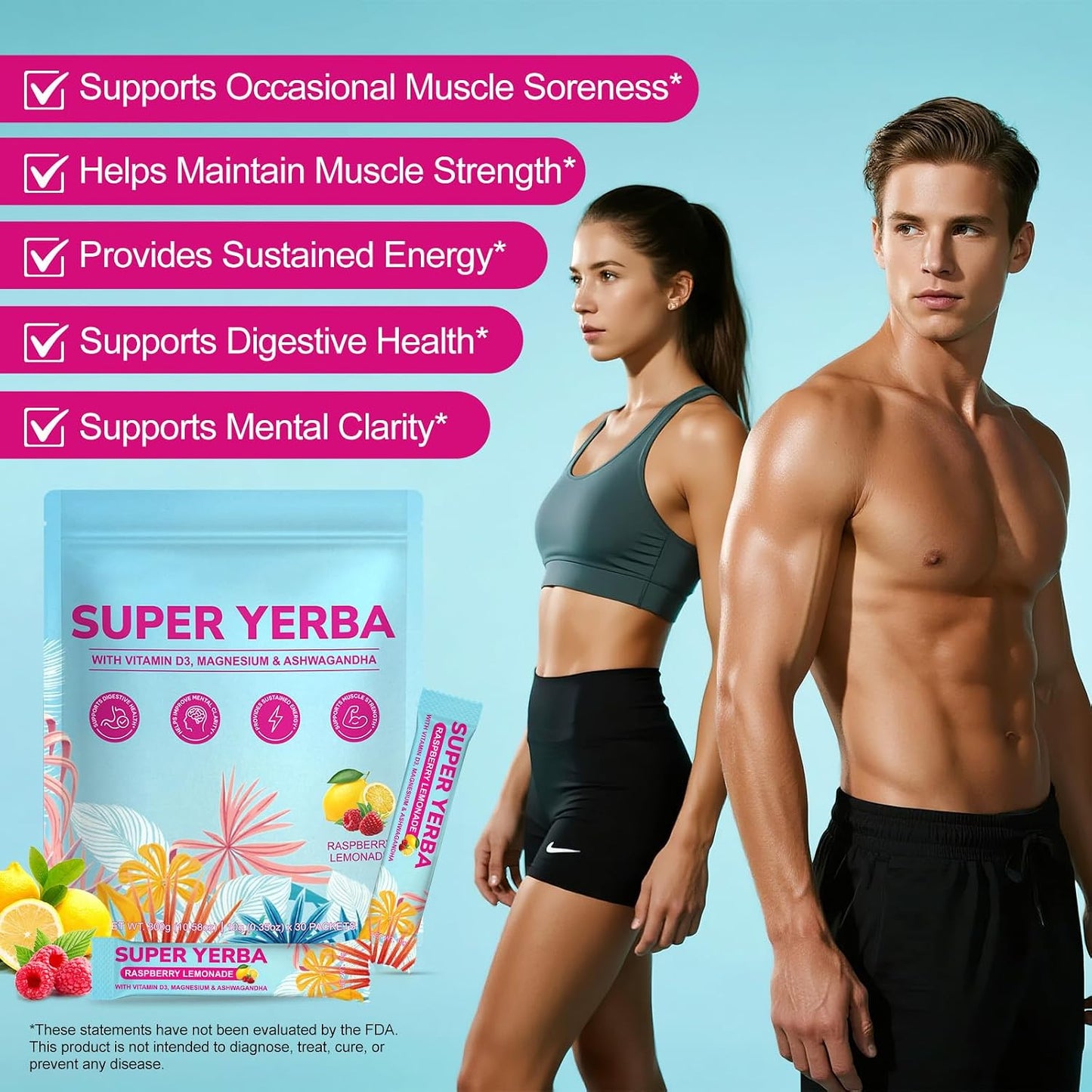Yerba Mate Instant Tea Powder | Super Yerba Mate Tea for Energy Support &amp; Gut Health - Ashwagandha, Lion’s Mane, L-Theanine, Raspberry Lemonade Flavor, Hot or Cold Drink (10.58 oz, 30 Servings)