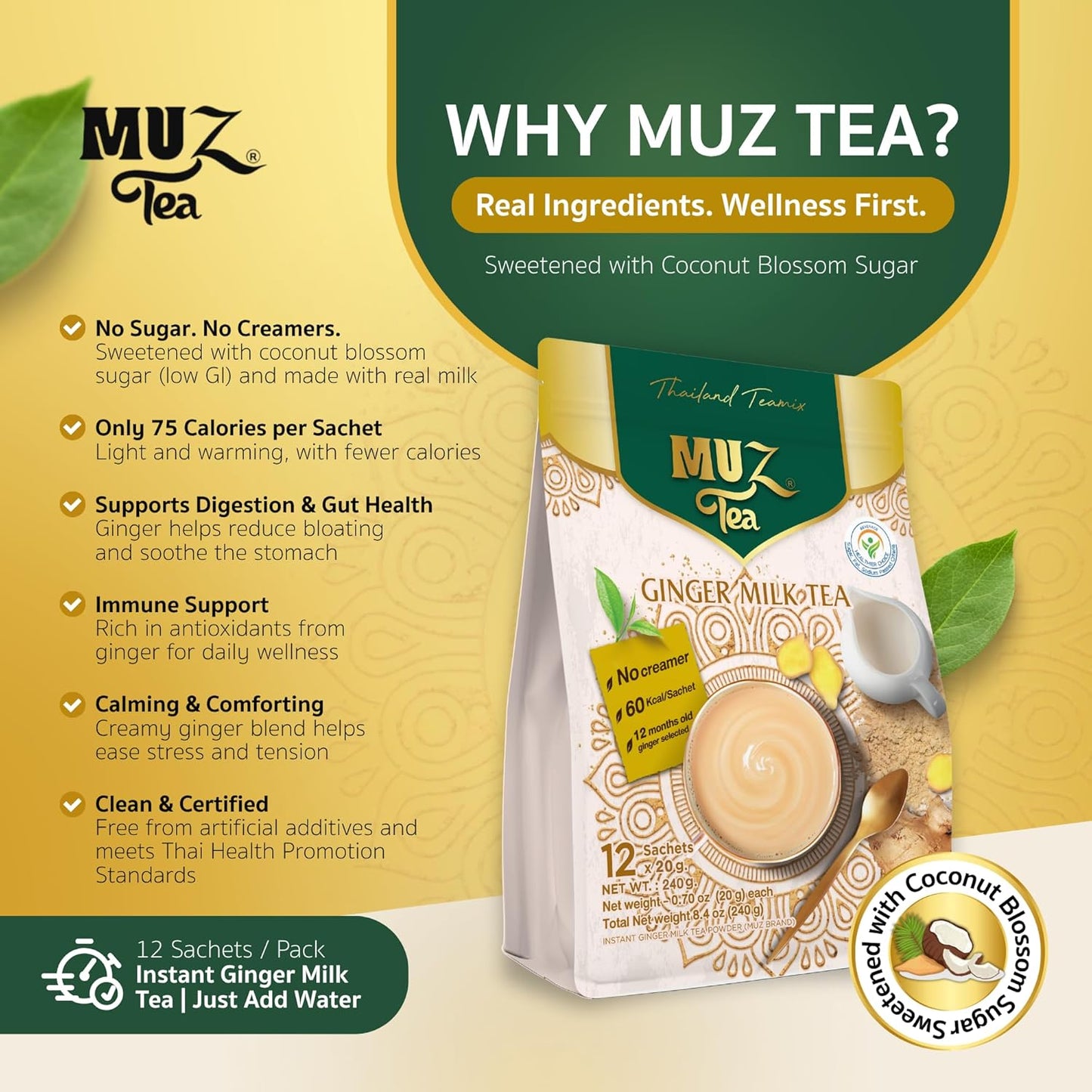 MUZ Tea Premium Instant Ginger Tea with Real Milk, Coconut Blossom Sugar & Ginger Powder, Low GI, No Creamers, 75 Calories, Thai Milk Tea Powder Mix – 12 Sachets, Just Add Water
