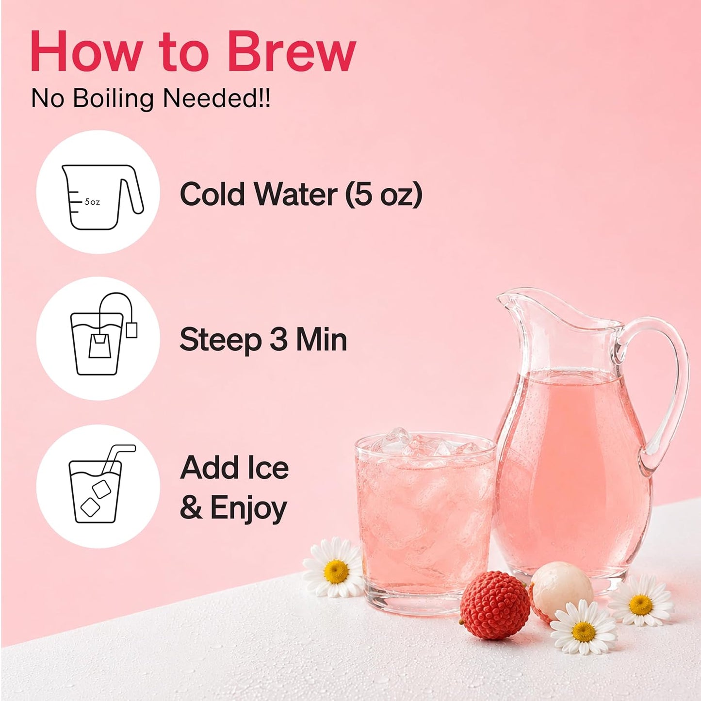 Damtuh Lychee Chamomile Cold Brew Tea Bags, Caffeine-Free, 20 Count | Sweet lychee and floral chamomile; zero sugar, zero carbs, lightly sweetened with stevia; cold brew bags