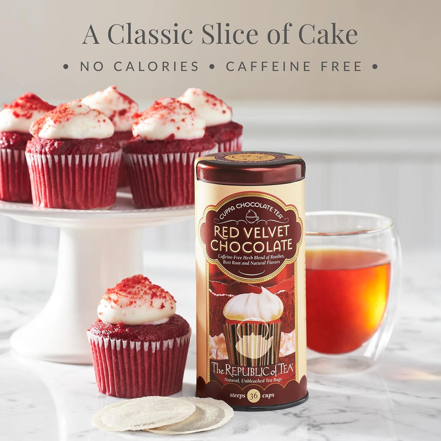 The Republic of Tea Cuppa Chocolate Red Velvet Herbal Tea, 36 Count | Caffeine Free. Suitable for day or evening sipping. Mellow rooibos with notes of soft vanilla and cocoa richness.