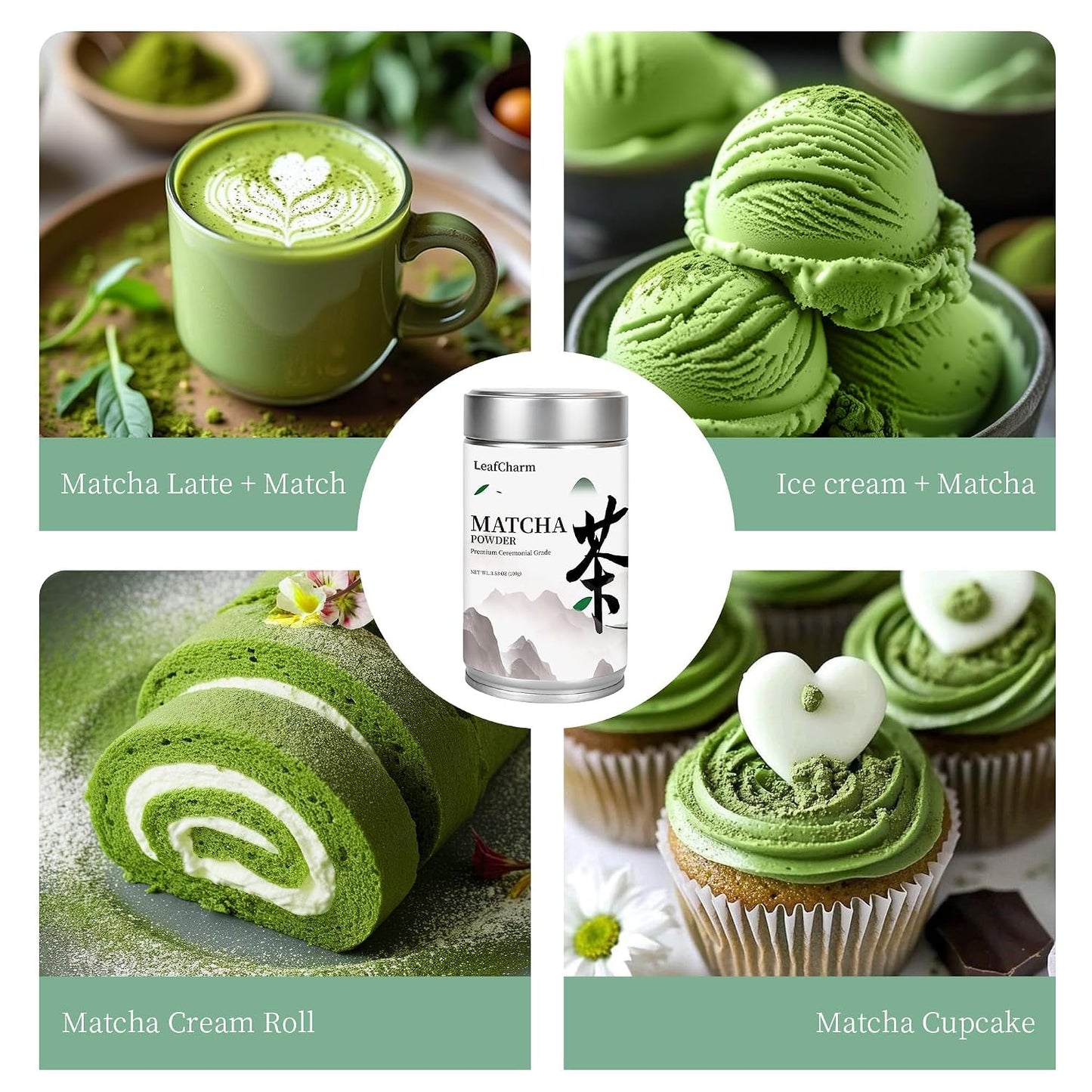 LeafCharm Ceremonial Grade Matcha Green Tea Powder 3.52 OZ - Vibrant Green &amp; Zero Bitterness, Smooth Umami Taste for Lattes &amp; Smoothies,100g (3.52 oz) Premium Tin