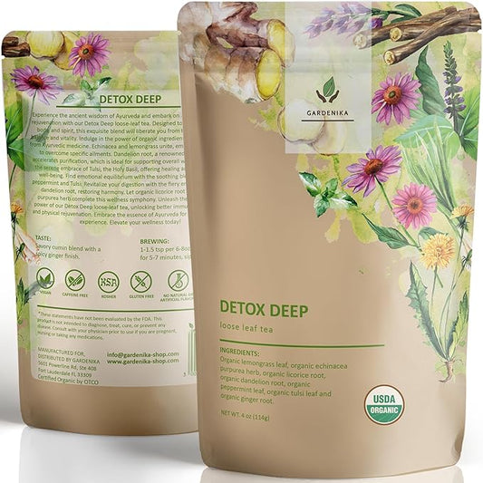 Organic Dandelion Root Detox Loose Leaf Tea, Herbal, Caffeine-Free, KSA Kosher, Ayurvedic with Lemongrass, Peppermint, Echinacea – 4 oz (1 Pack)