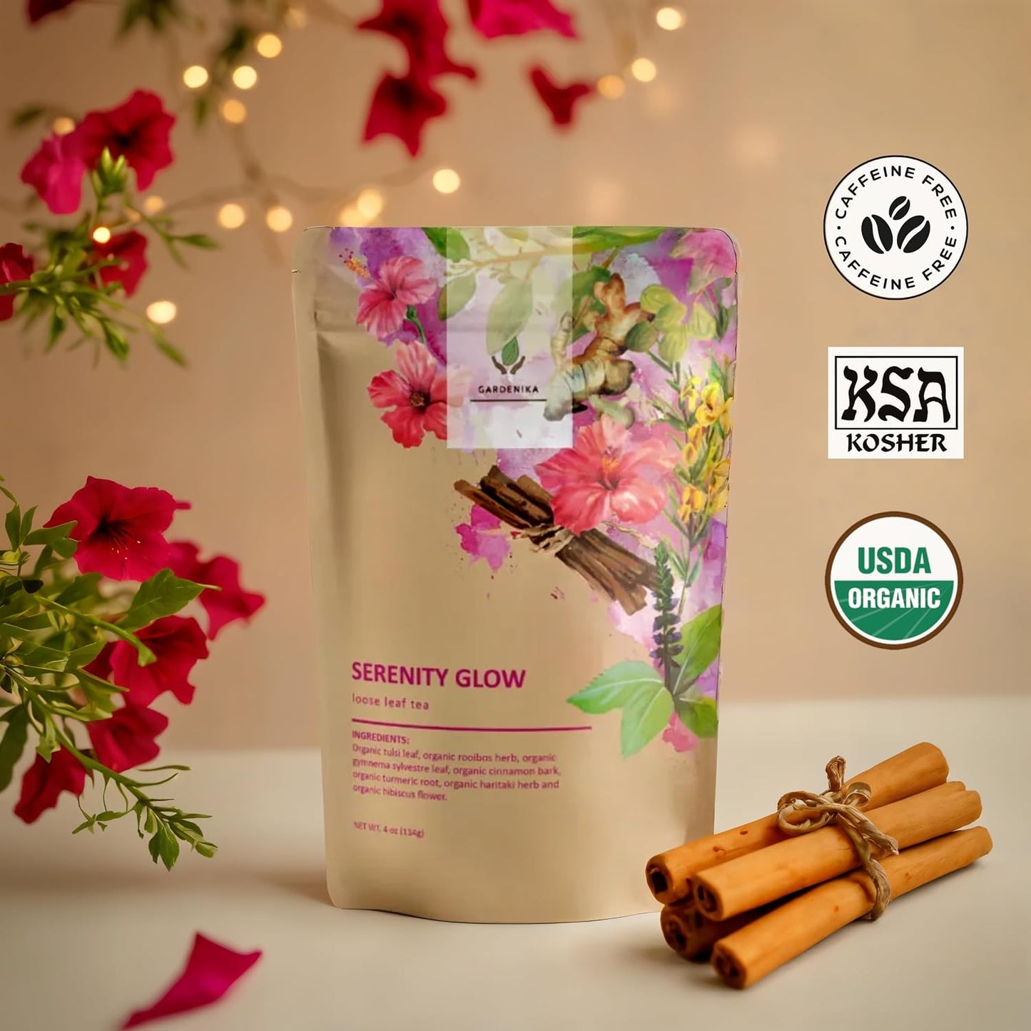 Gardenika Organic Serenity Glow Loose Leaf Tea, Herbal, Caffeine-Free, KSA Kosher, Ayurvedic Wellness Blend with Tulsi, Rooibos, Turmeric, Hibiscus – 4 oz (1 Pack)