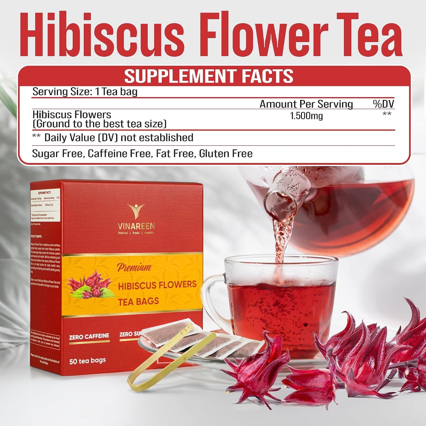 VINAREEN Hibiscus Tea Bags, 100 Count - Herbal Tea Made from Pure Hibiscus Flowers - Te De Flor De Jamaica - Caffeine Free, Sugar Free, Vegan, Non-GMO, No Additives.