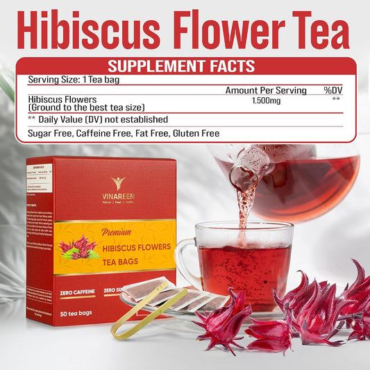 VINAREEN Hibiscus Tea Bags, 100 Count - Herbal Tea Made from Pure Hibiscus Flowers - Te De Flor De Jamaica - Caffeine Free, Sugar Free, Vegan, Non-GMO, No Additives.