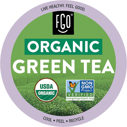 FGO Organic Green Tea K-Cup Pods for Keurig, 24 Count, Premium Green Tea is USDA Organic, Non-GMO, & Recyclable with Naturally Occurring Caffeine