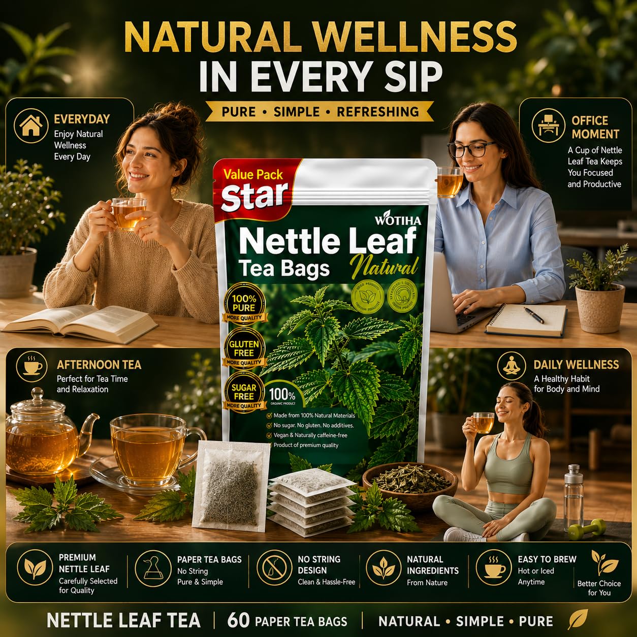 WOTIHA Premium Natural Nettle Leaf Tea Bags, 60 Count – 100% Pure Herbal Tea,Supports Kidney &amp; Joint Health Caffeine-Free, Non-GMO, Additive-Free, Gluten-Free